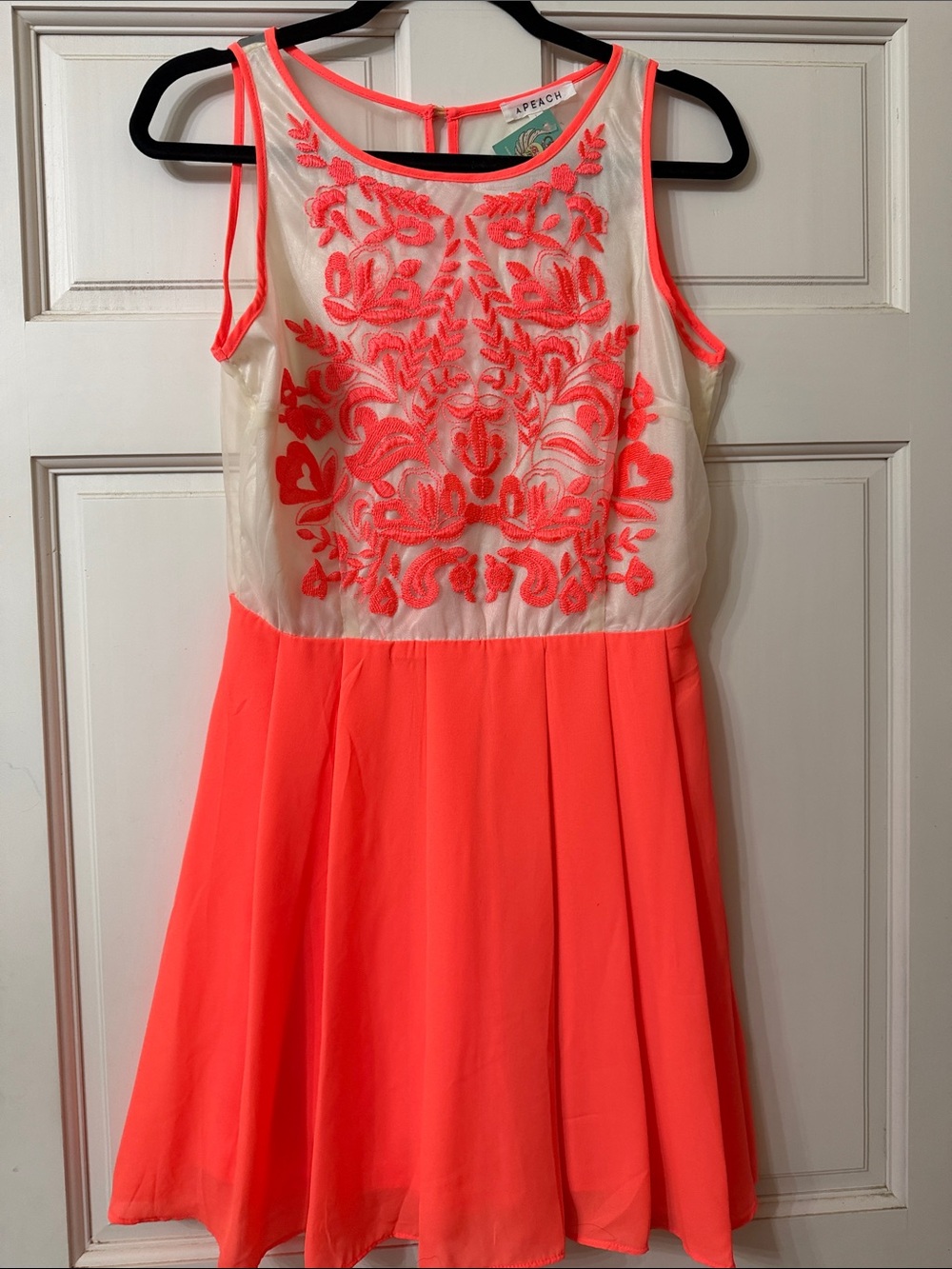LPEACH Neon Coral Embroidered Fit & Flare Dress